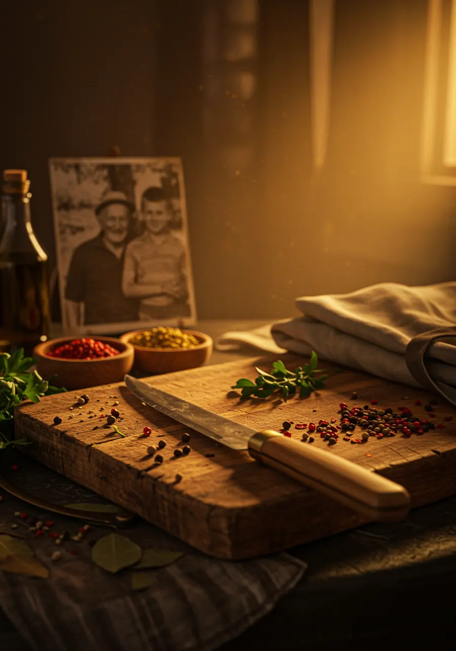 Spices, herbs and an old family photograph on a warm-lit table