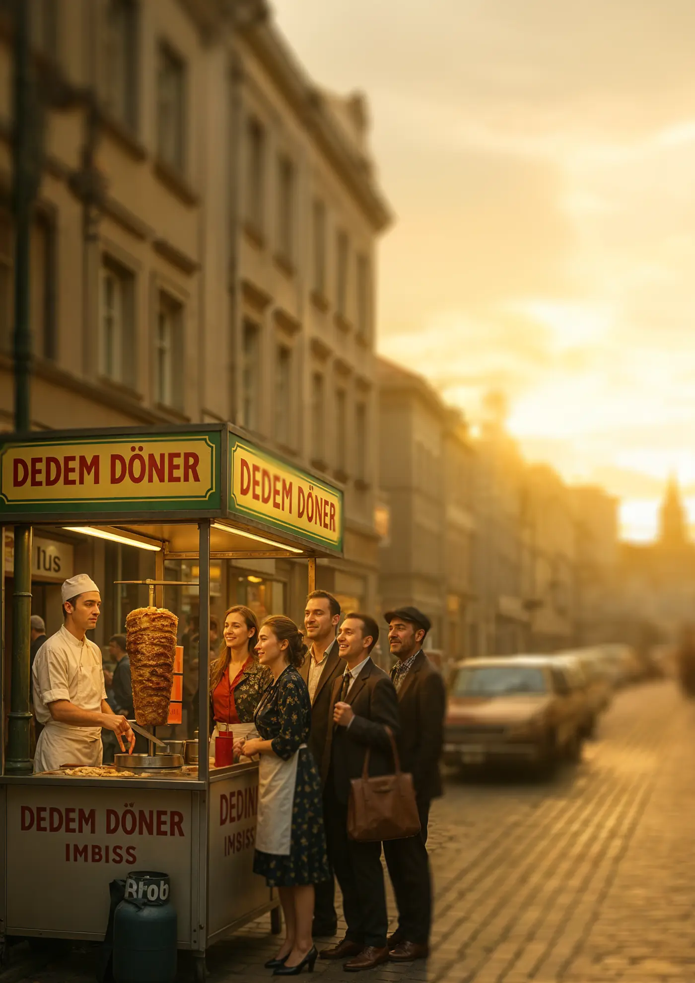 A nostalgic Dedem Döner street stand at golden hour