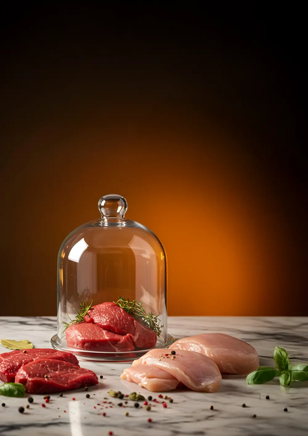 Raw beef under a glass dome with chicken and herbs on marble