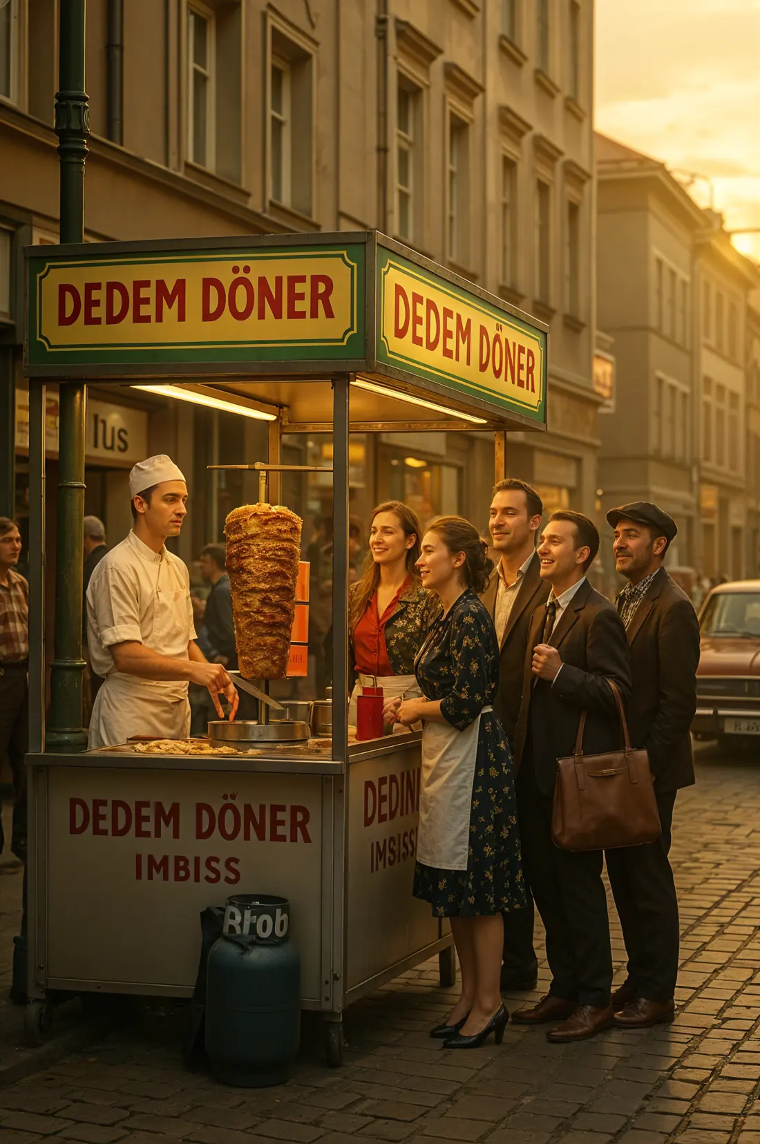 A nostalgic Dedem Döner street stand with customers in the 1970s